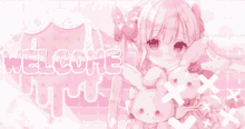 a pink anime girl is holding a stuffed bunny and the words `` welcome '' are written on a pink background .