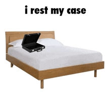 a bed with a briefcase on top of it and the words `` i rest my case '' above it .