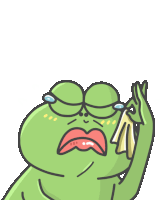 a cartoon of a green frog with tears on his face