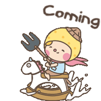 a cartoon girl is riding a rocking horse with a fork in her hand and the word coming below her