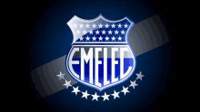 a blue and white shield with the word emeled on it