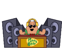 a cartoon of pants bear wearing headphones behind a dj booth