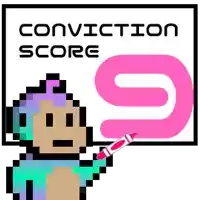 a pixel art of a monkey pointing at a sign that says " conviction score 9 "