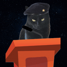 a black cat sitting at a podium wearing a hat with a gold star on it