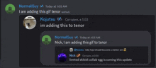 a screenshot of a discord conversation between normalguy and kojutsu