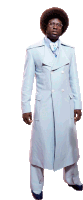 a man in a light blue coat and tie stands in front of a white background