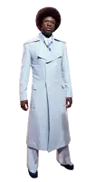 a man in a light blue coat and tie stands in front of a white background