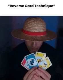 a man wearing a straw hat is holding four cards in his hands with the words " reverse card technique " below him