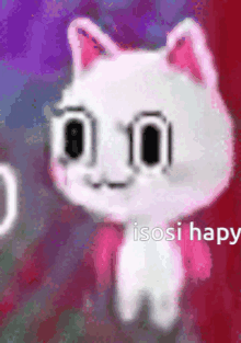 a white cat with pink ears says isosi happy on the bottom