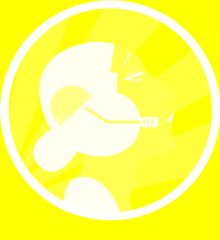 a yellow circle with a white silhouette of a man with glasses