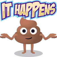 a cartoon illustration of a poop with the words it happens behind it