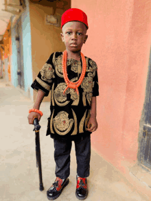 a little boy wearing a red hat and a black shirt holds a cane