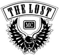 a black and white logo for the lost mc with an eagle and wings .