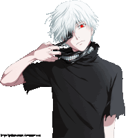 a man with white hair and red eyes is wearing a mask