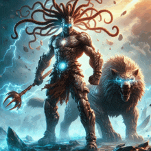 a man with dreadlocks stands next to a wolf