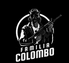 a man wearing a gas mask is holding a gun and the name familia colombo is on the bottom