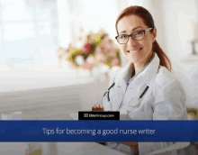 a woman in a lab coat with a stethoscope around her neck