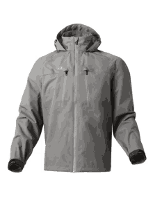 a grey jacket with a hood and the word ridge on the front