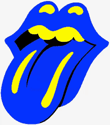 a blue rolling stones logo with yellow tongues