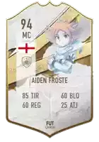 a soccer card for aiden froste has a picture of a boy on it