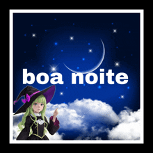 a picture of a girl in a witch costume with the words boa noite in white