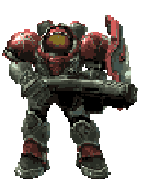 a pixel art of a robot holding a gun and a shield .