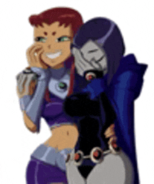 a couple of cartoon characters , starfire and raven , are standing next to each other .