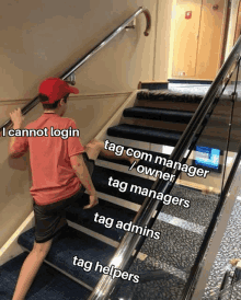 a boy is walking up a set of stairs with a caption that says i cannot login