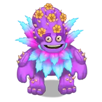 a purple monster with flowers on it 's head is smiling