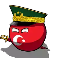 a cartoon drawing of a red ball with a sword and a hat