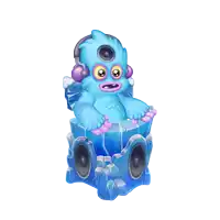 a blue monster with headphones on is sitting on a speaker