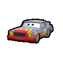 a cartoon car with flames painted on it is on a white background in a video game .