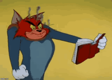 a cartoon cat is reading a book with smoke coming out of his head .