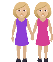 two women in purple and pink dresses holding hands on a white background