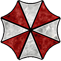 a red white and black umbrella with a gray background