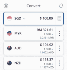 a screenshot of a currency conversion app shows singapore myr aud and nzd