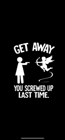 cupid is shooting a bow and arrow at a woman with a gun and the words get away you screwed up last time