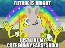 spongebob is wearing bunny ears and a rainbow in the background