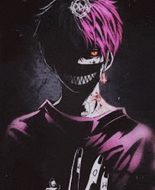 a black and pink anime character with a huge smile on his face and teeth .