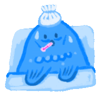 a blue cartoon character with a bag of ice on its head