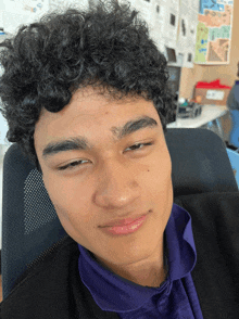 a man with curly hair and a purple shirt looks at the camera