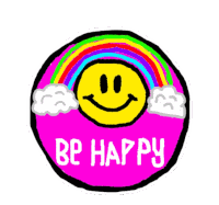 a pink circle with a smiley face and the words " be happy "