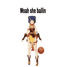 a cartoon character with a basketball and the words woah she ballin above her