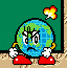 a pixel art drawing of a globe with arms and legs and an angry face