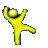 a pixel art drawing of a yellow man holding a ball in his hand .