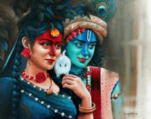 a painting of a woman holding a small white rabbit and a man with a blue face