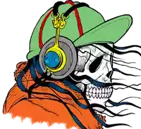 a drawing of a skull wearing headphones and a baseball cap