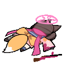 a cartoon fox is laying on the ground with a pink scarf around its head and a gun .