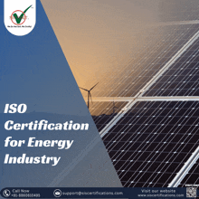 a poster for iso certification for energy industry with a picture of solar panels