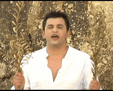 a man in a white shirt is holding two branches of wheat